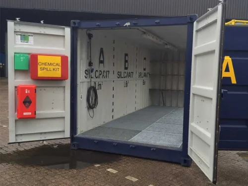 20ft Open Mesh Floor Bunded Store with Shelving – Hazardous Goods Storage Container