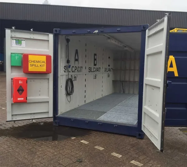 20ft Open Mesh Floor Bunded Store with Shelving – Hazardous Goods Storage Container